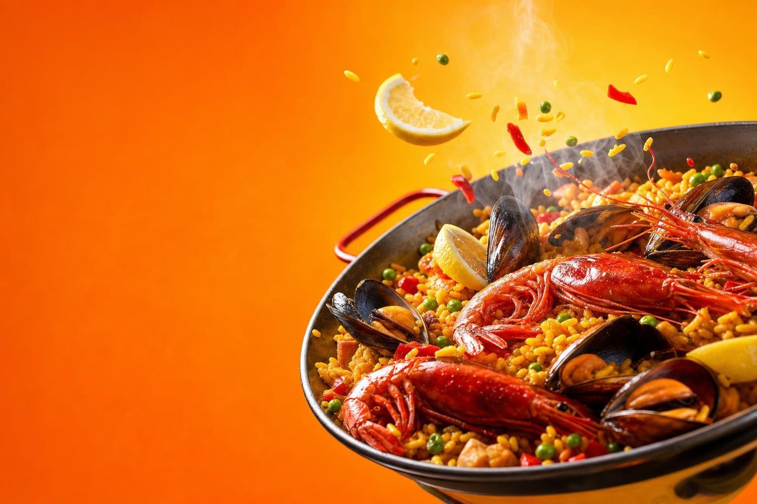 Paella de marisco con limón sobre fondo naranja (imagen generada con AI)