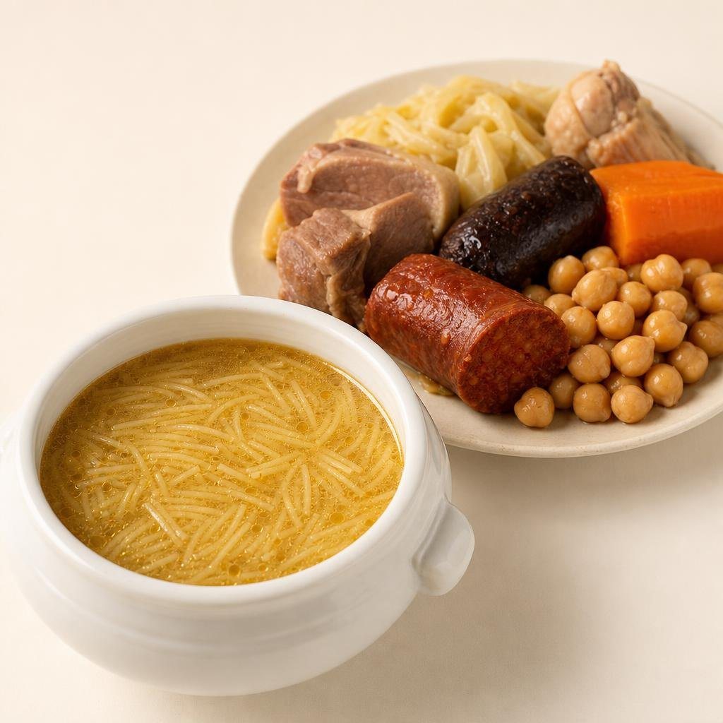Cocido madrileño en dos vuelcos: sopa de fideos y garbanzos con carnes, chorizo y morcilla (imagen generada con AI)