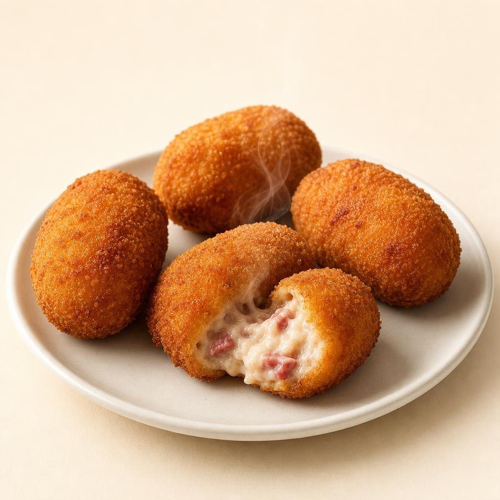 Croquetas caseras doradas sobre fondo crema (imagen generada con AI)
