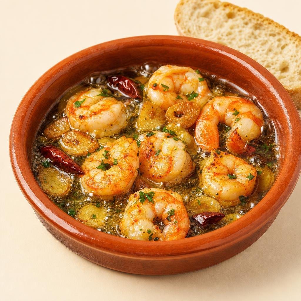 Gambas al ajillo en cazuela de barro (imagen generada con AI)