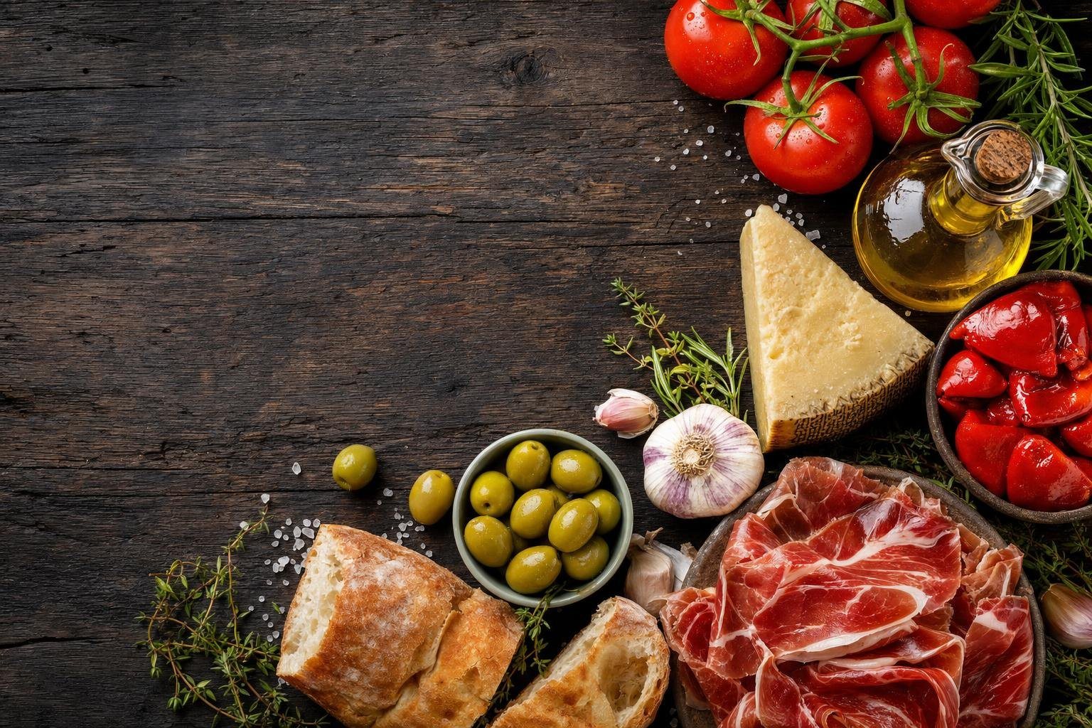 Tomates, jamón, queso, aceitunas, pan y aceite de oliva sobre una mesa de madera oscura (imagen generada con AI)