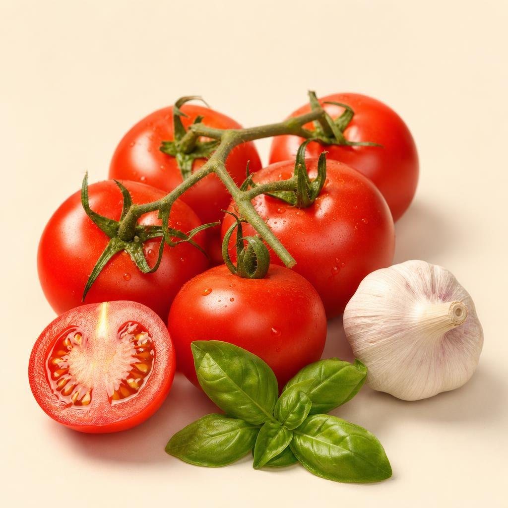 Tomates de rama, ajo y albahaca recién cortados (imagen generada con AI)