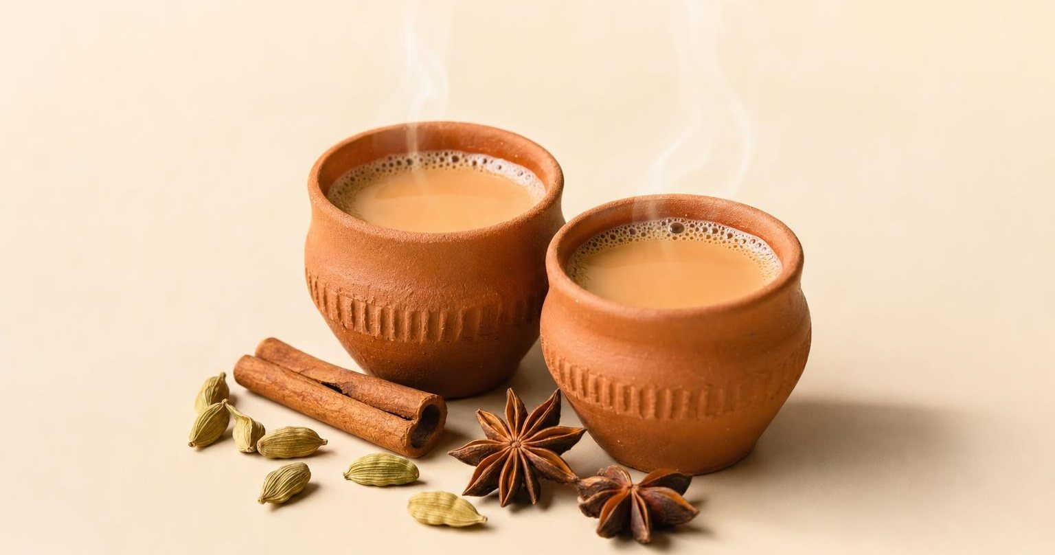 Dos vasos de barro con chai, canela, anís estrellado y cardamomo (imagen generada con AI)