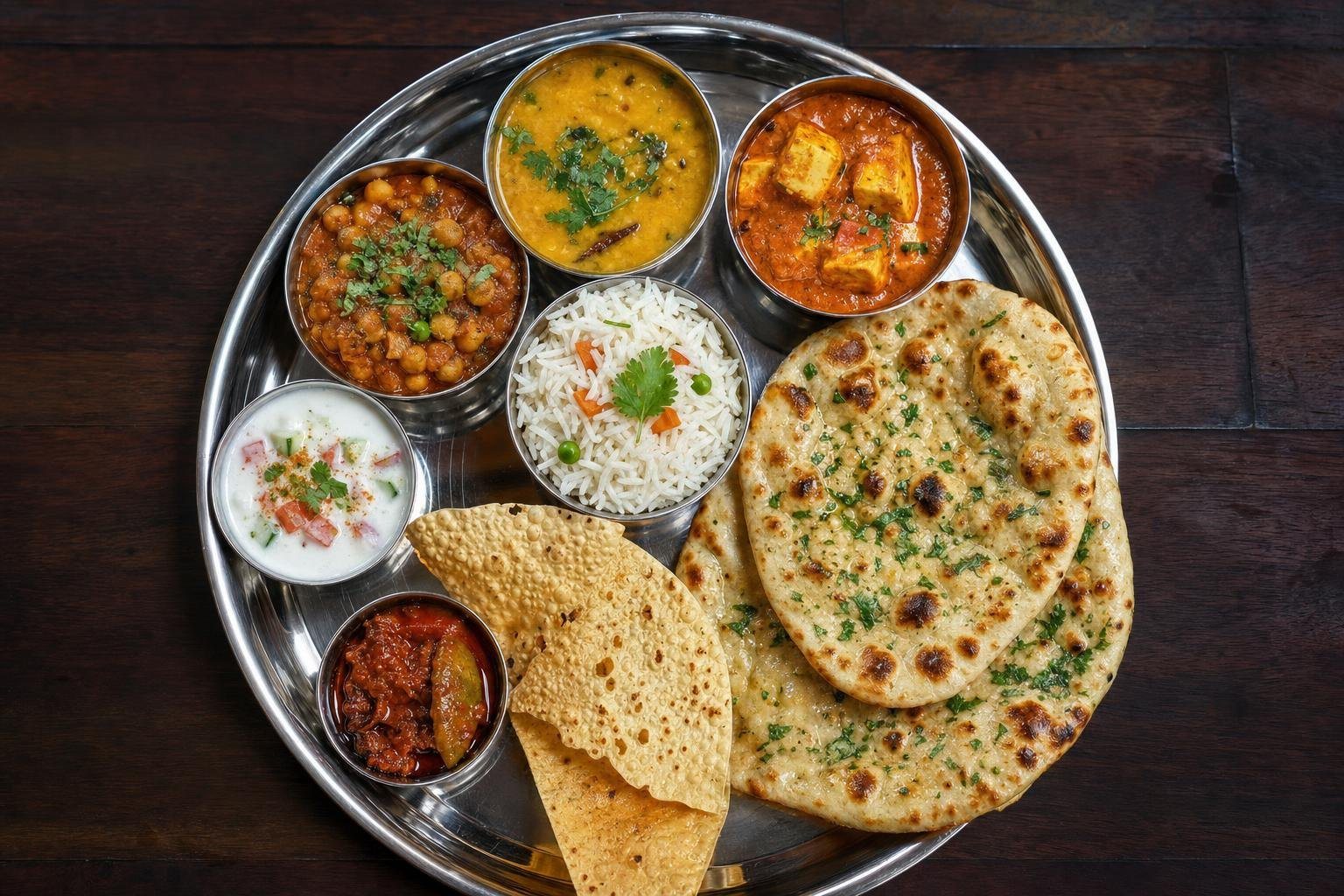 Thali indio con cuencos de curry, arroz y pan naan (imagen generada con AI)