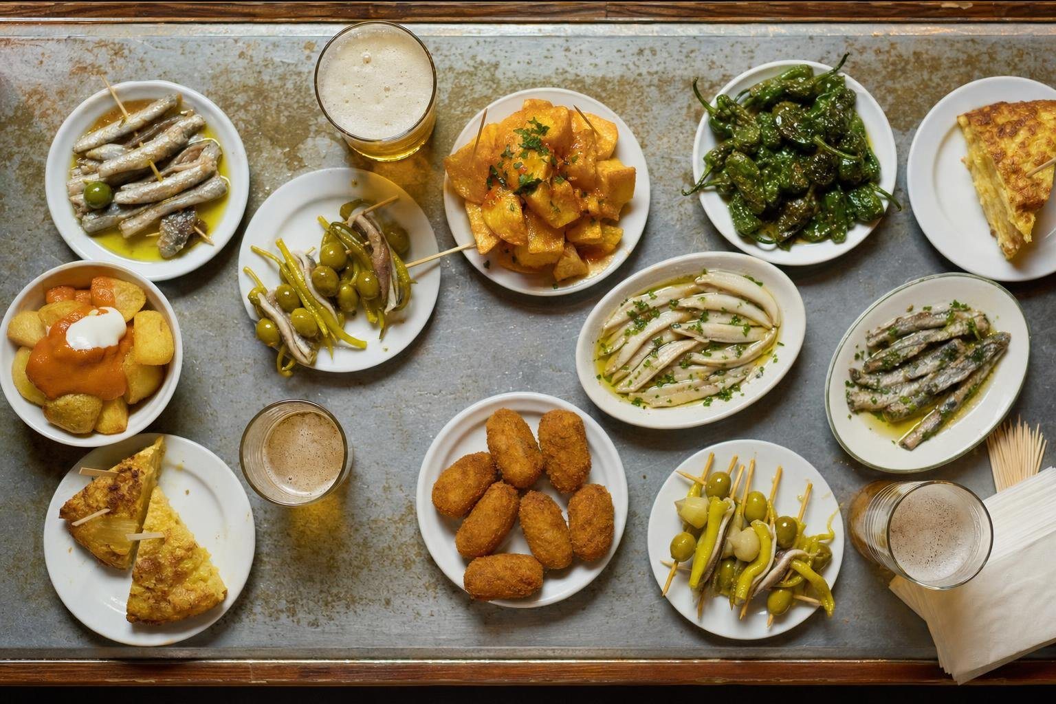 Mesa de zinc llena de tapas variadas y cañas, vista desde arriba (imagen generada con AI)