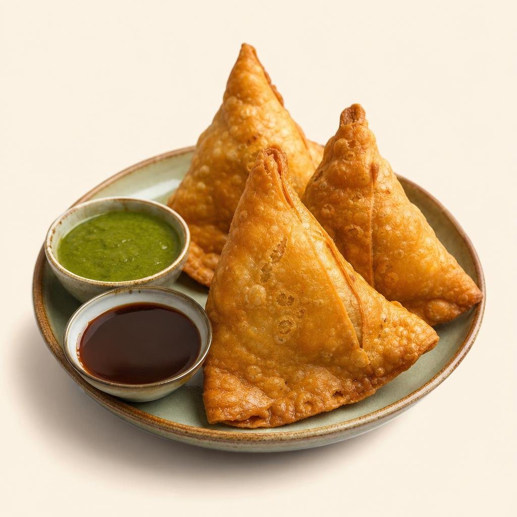 Samosas con salsa de menta y tamarindo (imagen generada con AI)