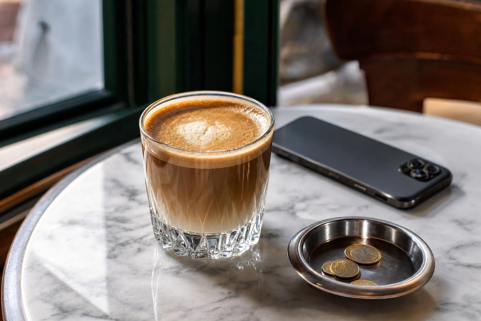 Café, teléfono móvil y unas monedas en la mesa de mármol de un café (imagen generada con AI)