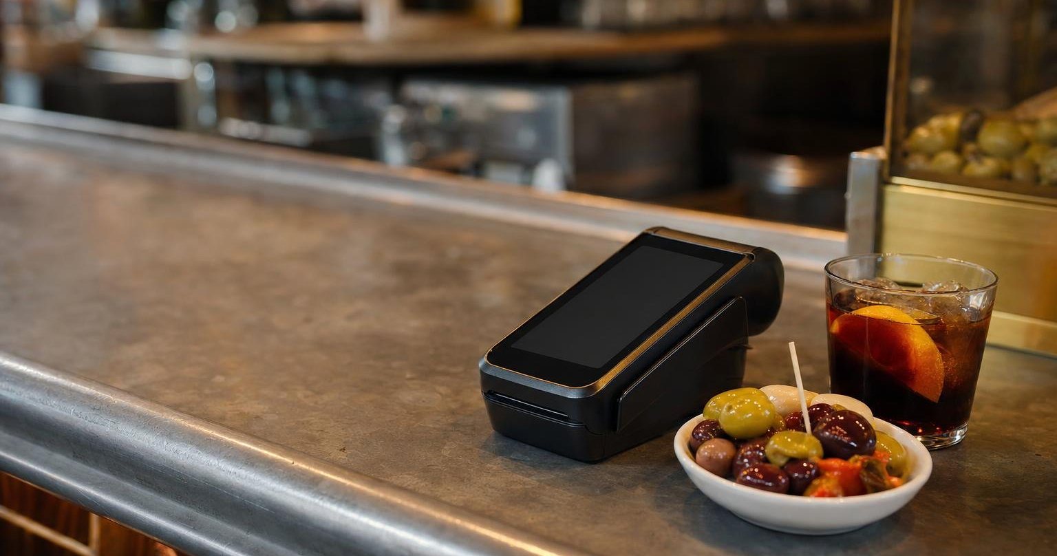 Datáfono sobre la barra de un bar, junto a una tapa y una bebida (imagen generada con AI)