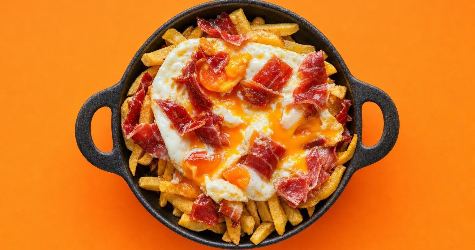 Huevos rotos con patatas fritas y jamón en sartén de hierro (imagen generada con AI)