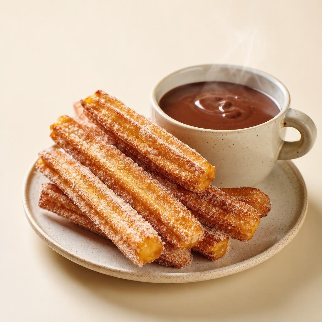 Churros con una taza de chocolate espeso (imagen generada con AI)