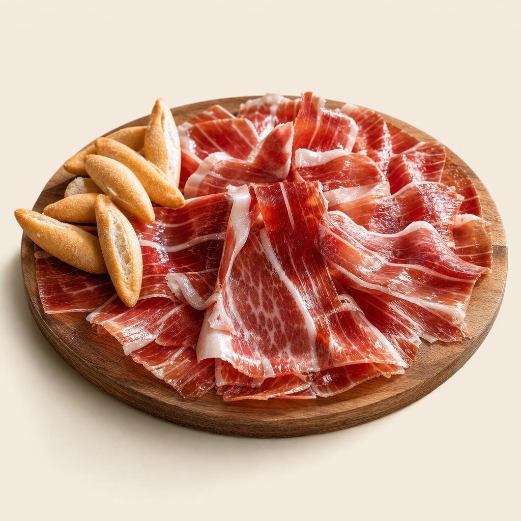 Jamón ibérico cortado fino con picos de pan en una tabla de madera (imagen generada con AI)